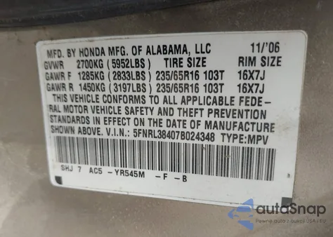 2007 Honda Odyssey Ex из США, поврежденный, VIN 5FNRL38407B024348